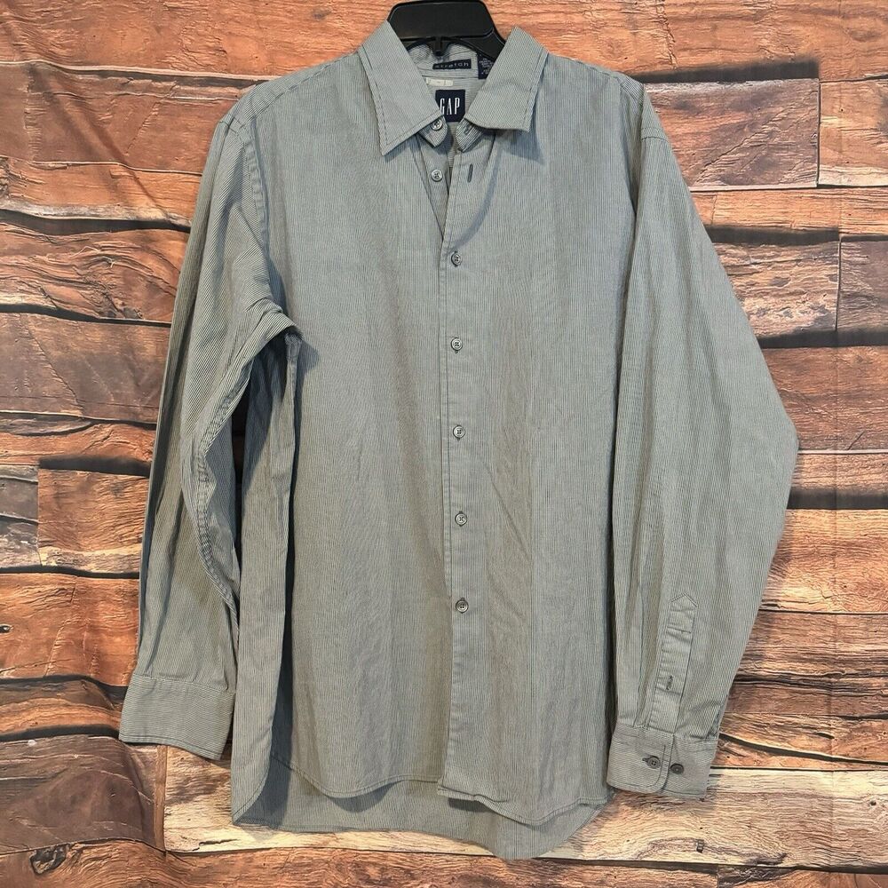 GAP Mens Large Gray White Striped Stretch Button Down Shirt Long Sleeve Lived-In